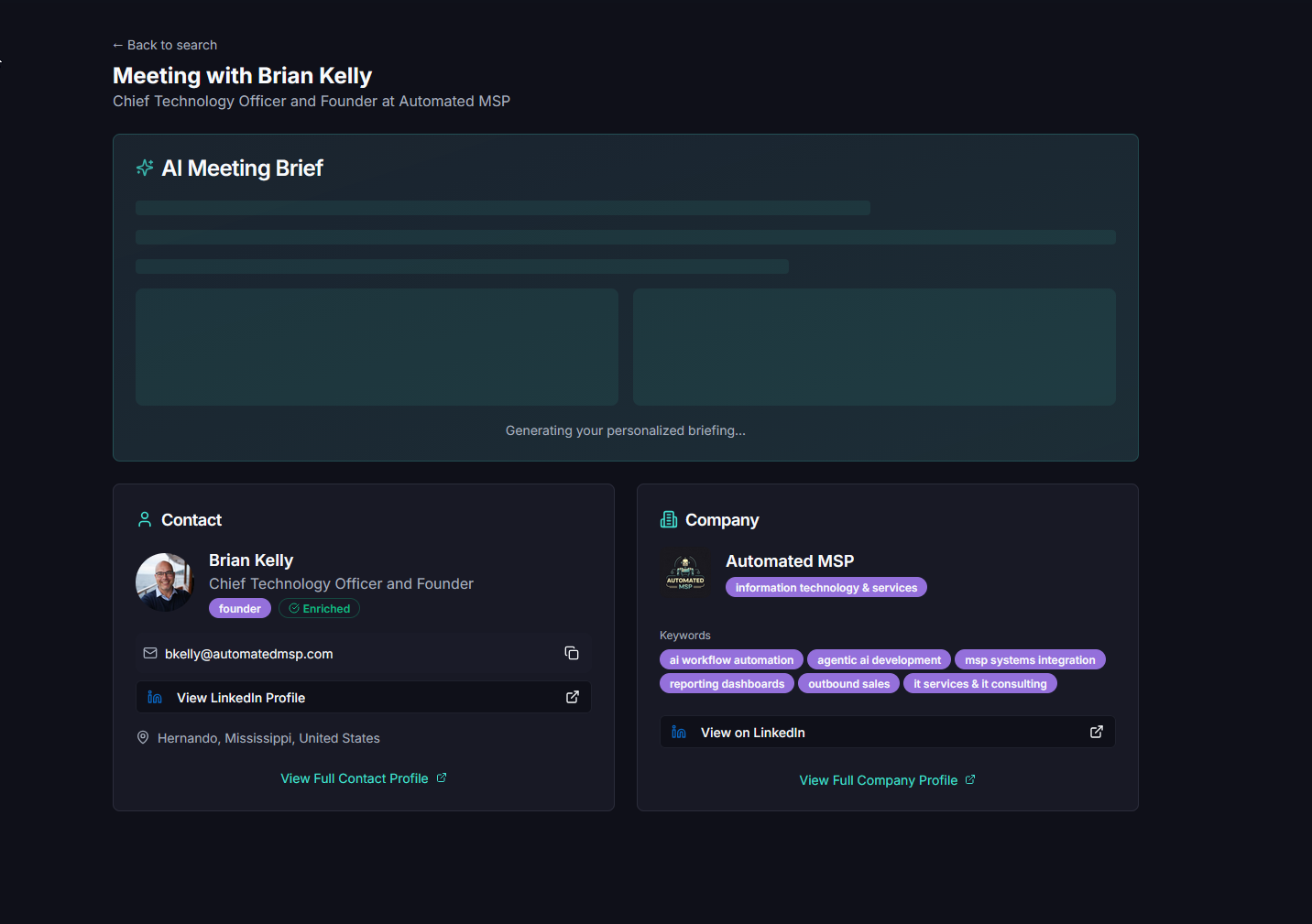 AutomatedMSP AI Meeting Prepper: Get instant intel and an AI overview on anyone you're meeting with
