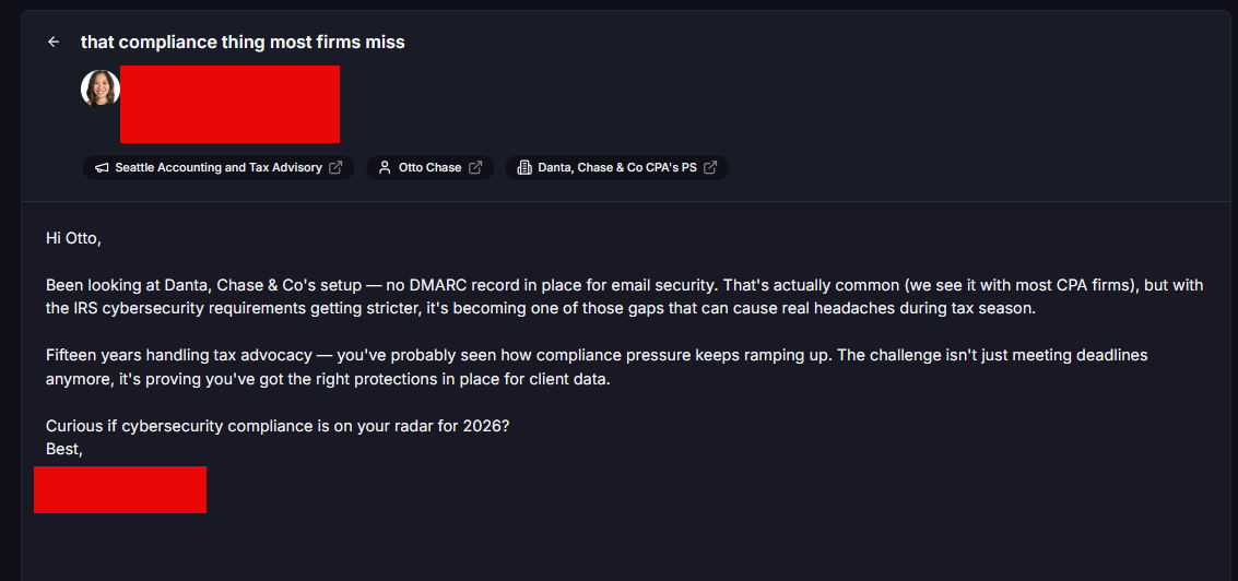Real example of Autobot using security posture intelligence to personalize an outreach email for an MSP prospect